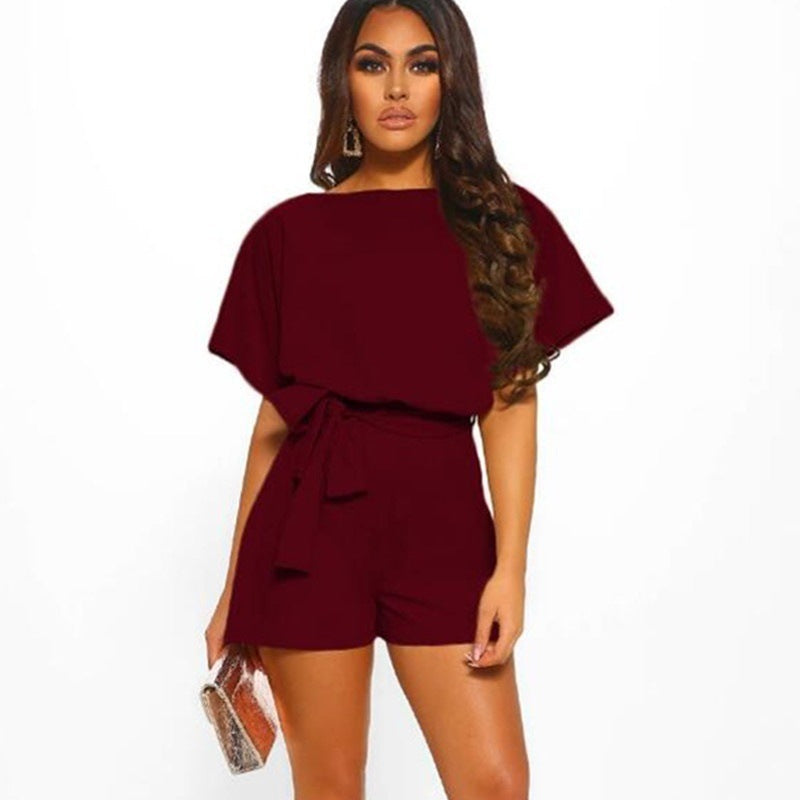 Fashion Solid Color Short-sleeved Jumpsuit with Belt